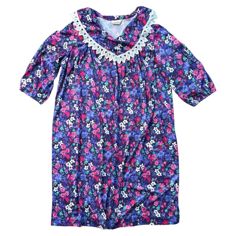 Vintage 2X Dress Floral Cottagecore Laced Collared V‎ Neck Sue Brett